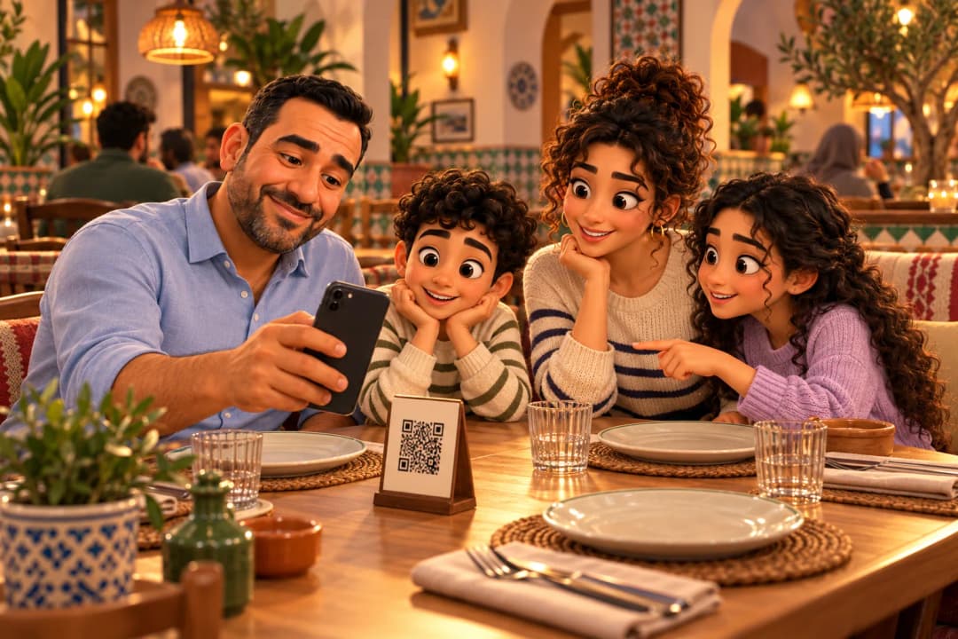 Un père scanne le QR de sa table au restaurant, accompagné de sa femme et de leurs deux enfants.