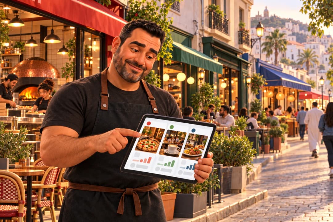 Un restaurateur consulte sa tablette dans une rue commerçante algérienne bordée de plusieurs établissements.