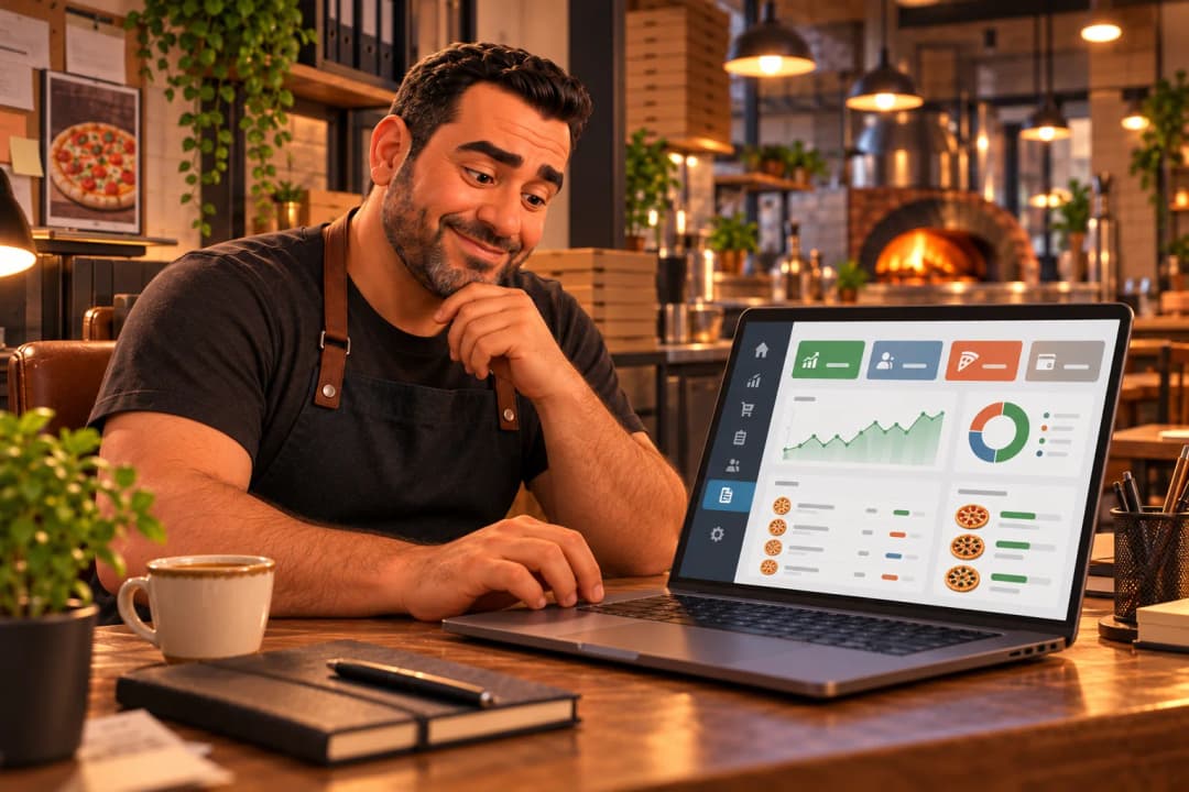 Kader, propriétaire de restaurant, analyse son tableau de bord sur un ordinateur portable dans son établissement.