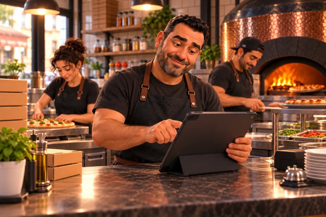 Un restaurateur souriant consulte sa tablette pendant que son équipe travaille dans une pizzeria organisée.