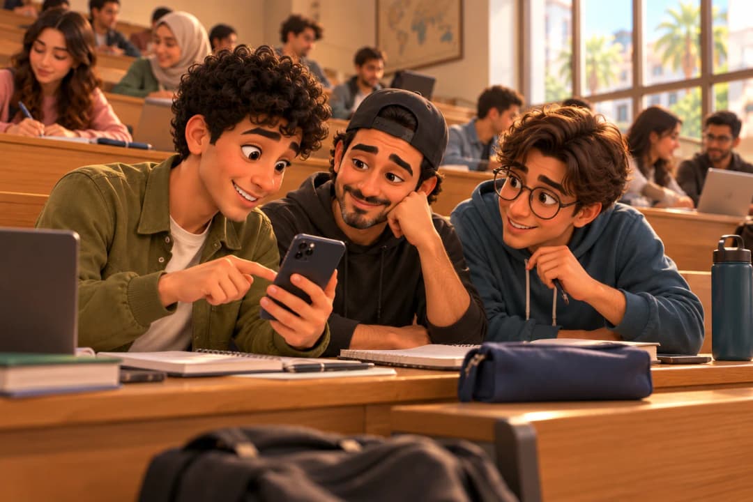 Trois étudiants dans un amphithéâtre prévoient une commande de pizzas sur leur téléphone.