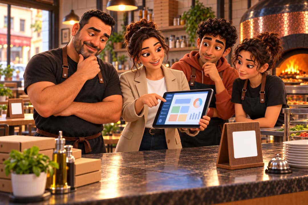 Une conseillère accompagne un restaurateur et son équipe sur une tablette, avec des supports QR au comptoir.