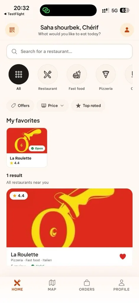 Écran d’accueil de Koulchi présentant les restaurants disponibles