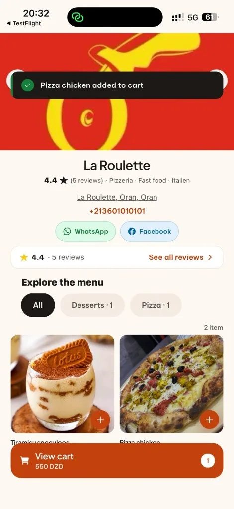 Page d’un restaurant dans Koulchi avec son menu, ses avis et le panier