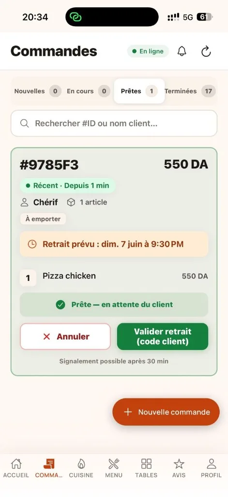 Écran Koulchi Pro de gestion des commandes en temps réel