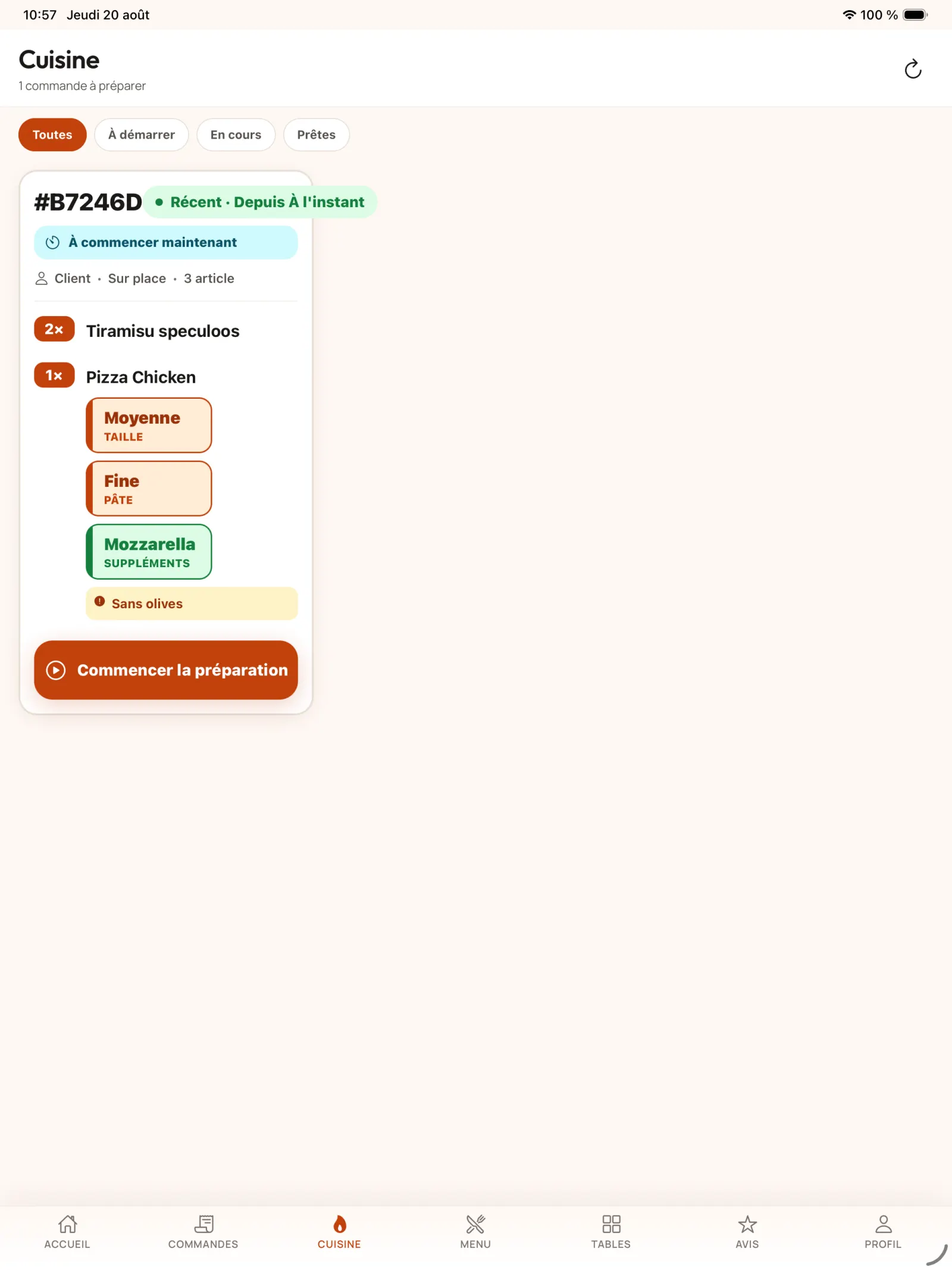 تلقي الطلب في المطبخ في KoulChi Pro.
